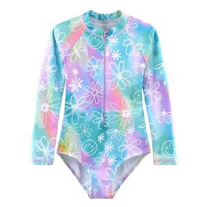 Girls Long Sleeve Swimsuit One Piece with Zip Closure UPF 50+ Rash Guard Size 12